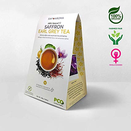 Safaroma Saffron Earl Grey Tea - Certified Organic, Containing Premium Red Saffron Threads - Full Leafs - Organic Black Tea, Eco-Conscious Sachets with Italian Bergamot Orange Flavor
