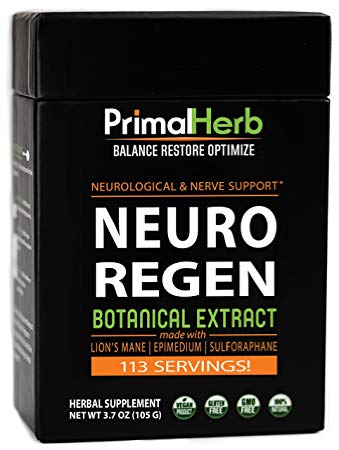 Neuro Regen Botanical Extract | by Primal Herb | Neurological & Nerve Support | Lion's Mane Mushroom, Epimedium, Sulforaphane Extract Powder - 113 Servings - Includes Spoon