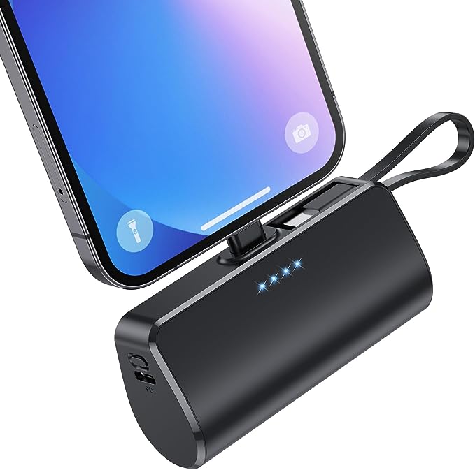 Mini Power Bank 5200 mAh for iPhone, Ultra-Compact PD 3.0A Portable Charger with Built-in Cable, USB C Cute Battery Pack Compatible with iPhone 14/13/12/11/XR/XS/8/6 Samsung Xiaomi Android