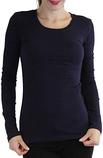 ToBeInStyle Women's Cotton-Blend Crew-Neck Staple Top with Long Sleeves