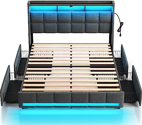 Rolanstar Queen Bed Frame with 4 Storage Drawers, Charging Station and LED Lights, Upholstered Platform Bed Storage Headboard, Heavy Duty Wooden Slats, No Box Spring Needed, Noise Free, Easy Assembly