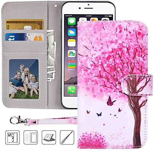 iPhone 6S Wallet Case,iPhone 6 Wallet Case,MagicSky Floral Premium PU Leather Flip Folio Case Cover with Wrist Strap, Card Holder,Cash Pocket,Kickstand for Apple iPhone 6/6S 4.7 inch(Peach Tree)
