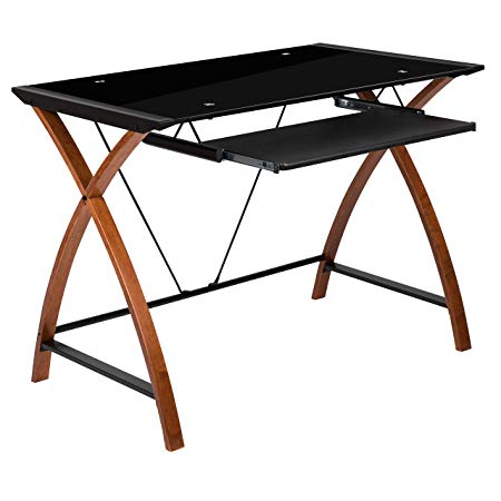 Flash Furniture Black Glass Computer Desk with Pull-Out Keyboard Tray and Crisscross Frame