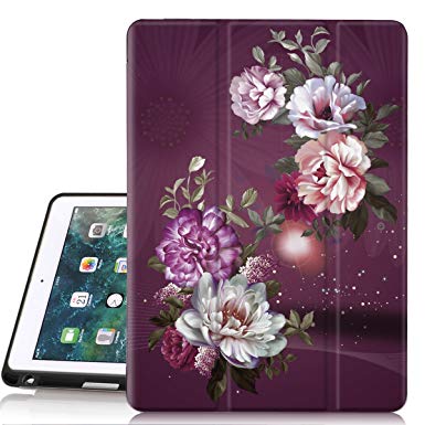 iPad 6th/5th Generation Case, Hocase Trifold Folio Smart Case with Apple Pencil Holder, Auto Sleep/Wake Feature, Soft TPU Back Cover for iPad A1893/A1954/A1822/A1823 - Royal Purple/White Flowers