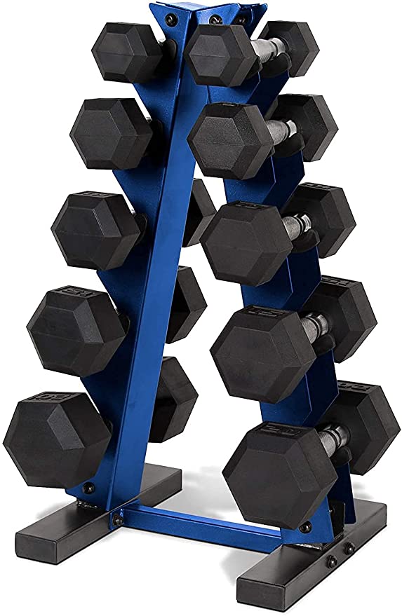 WF Athletic Supply 5-25Lb Rubber Coated Hex Dumbbell Set with A Frame Storage Rack Non-Slip Hex Shape for Muscle Toning, Strength Building & Weight Loss - Multiple Choices Available