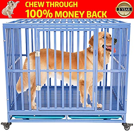 Gelinzon Heavy Duty Dog Cage Crate Kennel Roof Strong Metal for Large Dogs, Easy to Assemble Pet Playpen with Four Wheels
