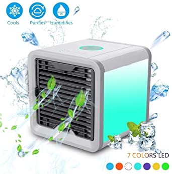 Personal Space Air Cooler - Portable Quiet Evaporative Air Conditioner, Humidifier, 3 in 1 Mini USB Desktop Cooling Fan, 3 Speeds 7-Color LED Light for Home, Bedroom Room, Office, Dorm
