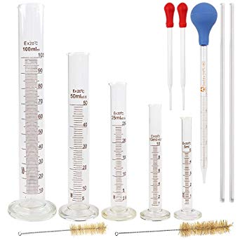 SUPERLELE Glass Graduated Measuring Cylinder Set 100ml 50ml 25ml 10ml 5ml with 2 Glass Stirring Rod, 3 Dropper and 2 Cleaning Brush
