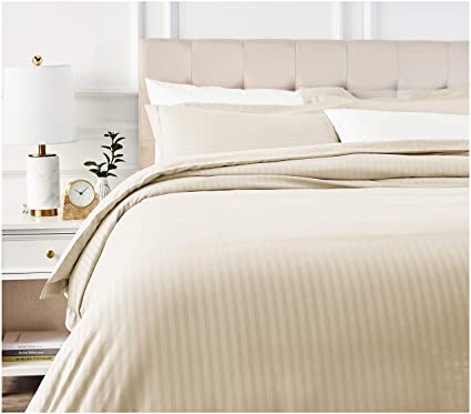 AmazonBasics Deluxe Striped Microfiber Duvet Cover Set - Full or Queen, Beige