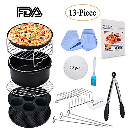 Air Fryer Accessories 13pcs Fits all 3.7QT- 4.2QT - 5.3QT for Gowise Phillips and Cozyna - Non-stick Barrel/Pan, Stainless Steel Holder, Silicone Mat, Cookbook Included