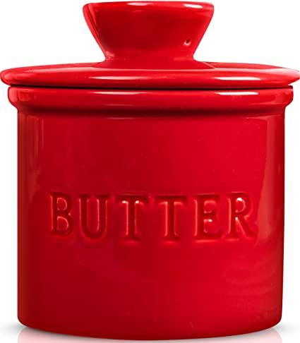 French Butter Crock for Counter With Water Line, On Demand Spreadable Butter, Ceramic Bell Style Butter Keeper to Leave On Counter, French Butter Dish, Red
