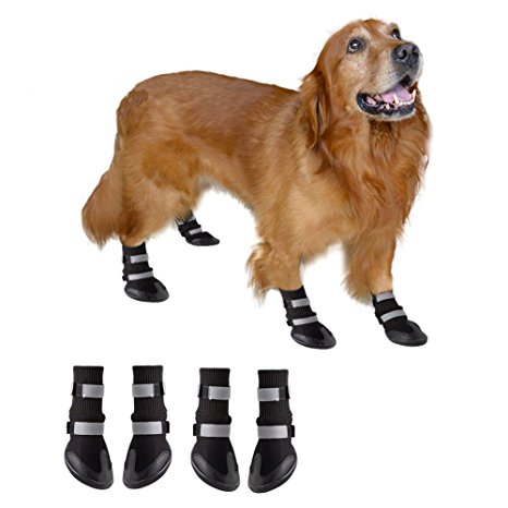 Long Dog Boots Pet Waterproof Antiskid Durable Shoes with Reflective Velcro Soft Warm Paw Protectors for Medium to Large Dogs 4 Pcs Set