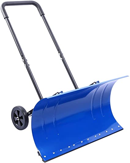 Ohuhu Snow Shovel with Wheels for Driveway, Heavy Duty Metal Shovels with Adjustable Height & Angle for Snow Removal, Wheeled Snow Pusher with Large Blade Plow, Efficient Snow Remove Tool for Doorway