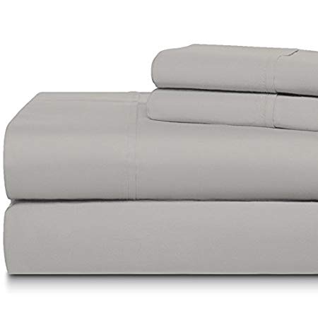Dream Castle Linens 400 Thread Count 100% Extra-Long Staple Combed Cotton Sheet Set, Smooth Sateen Weave, 4 Piece Sheet Set, QUEEN Sheets, Deep Pockets, Luxury Bedding, PEWTER by