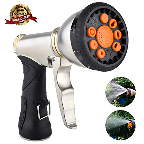 Garden Hose Nozzle, Heavy Duty Metal Hose Nozzle Sprayer with 9 Adjustable Watering Methods for All Your Watering Needs, Including Watering Lawn and Garden,Cleaning,Car Washing and Pet Bathing& More