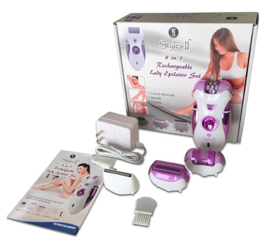 Styles II Lady Epilator Set - 4 In 1 Callus Remover Shaver Clipper Epilator - Normal To Sensitive Skin - Gentle On Skin - Great For Arms Underarms Bikini Line and Legs - Rechargeable