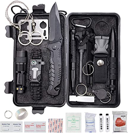 ProCase Survival Kit (40 in 1) for Camping Hiking, Outdoor Gear Tool and Equipment with Survival Bracelet, Fire Starter, Compass, Medical Supplies, Gifts for Men Dad Boyfriend Fathers Day -Black