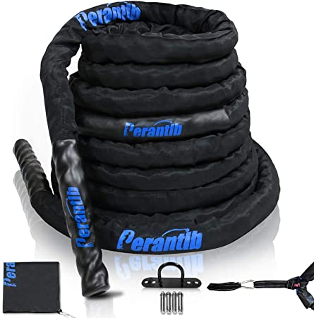 Perantlb Battle Rope with wear-Resistant Nylon Protective Sleeve ，Heavy Battle Rope for Strength Training Home Fitness Exercise Rope， Anchor Strap Kit Included