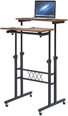 VECELO Stand Up Desk with Adjustable Height, Rolling Table Laptop Cart, Mobile Home Office Computer Workstation, Black& Wood Grain