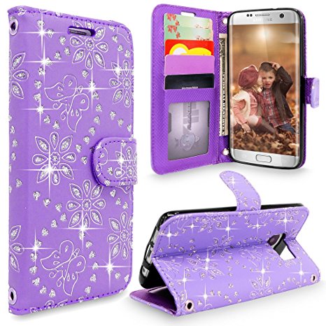 S7 Edge Case, Galaxy S7 Edge Case, Cellularvilla [Slim] [Card Slot] Premium Pu Leather Wallet Case [Drop Protection] Flip Protective Stand Cover For Samsung Galaxy S7 Edge G935 (Purple Glitter)