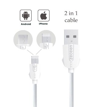 Zeceen® T8 Universal 2 in 1 Lightning MicroUSB Data Cable Charging Two Sided Cord 3.3 ft (1m) for Apple iPhone, iPad, iPod, any iOS and Android with One Plug White