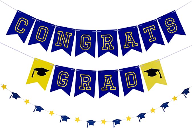 Graduation Decorations 2022 Blue and Yellow - Congrats Grad Banner and Blue & Yellow Graduation Cap Star Garland, Congrats Grad Decorations, Graduation Party Supplies 2022