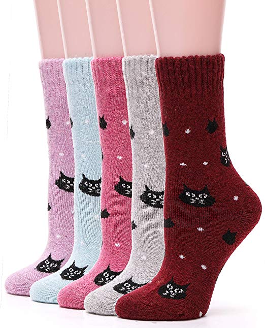 Womens Wool Socks Fuzzy Thick Heavy Thermal Winter Warm Cute Crew Socks For Cold Weather 5 Pack