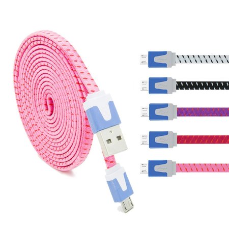 Eversame 3363509 6-Feet Braided Nylon Flat Micro USB2.0 Data Cable Charging Cord for Android and Windows Phones - 5 Pack (Black/White/Purple/Pink/Hot Pink)