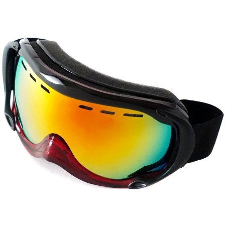 Sliiq Alpha Ski Snow Goggles with Mirrored Anti-Fog Dual Vented Lenses and 100% UV Protection (Midnight Crimson, Metallic Flame)