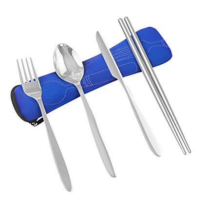 4 Pieces Flatware (Knife, Fork, Spoon, Chopsticks) Stainless Steel Lightweight Utensil, Travel Camping Outdoor Office Cutlery Set with Zipper Case
