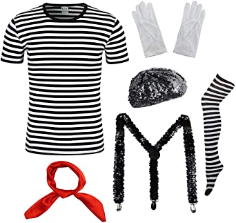 Womens Mime Artist Costume Set Black & White Silent Actor Dress Halloween Outfit
