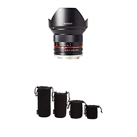 Rokinon Ultra Wide Angle Lens Sony E-Mount (NEX) (Black) with Camera Lens Protective Pouches - Water Resistant