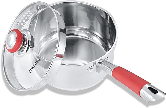 Concord 3 Quart Stainless Steel Saucepan with SIMPLE POUR Vented Glass Lid. Features Dual Pouring Spouts and Volume Marking. Perfect for making Sauces, Jam, Ramen, and more