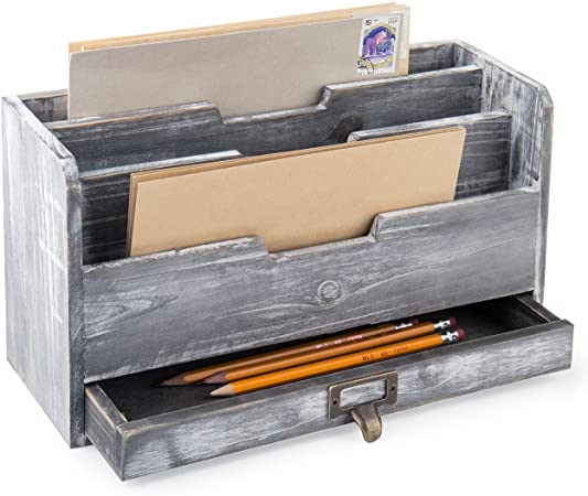 MyGift Rustic Gray Wood Desktop Mail Sorter with Pen & Pencil Drawer