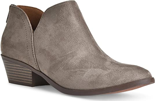 Women's Madeline Western Almond Round Toe Slip on Bootie - Low Stack Heel - Zip Up - Casual Ankle Boot