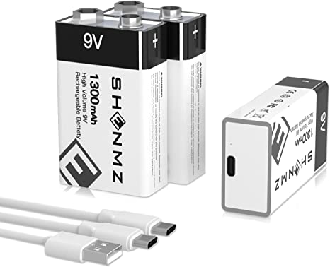 1300mah Rechargeable 9V Batteries, High Capacity USB 9 Volt Li-ion Batteries Long-Lasting with 2-in1 Charging Cable (3 Packs)