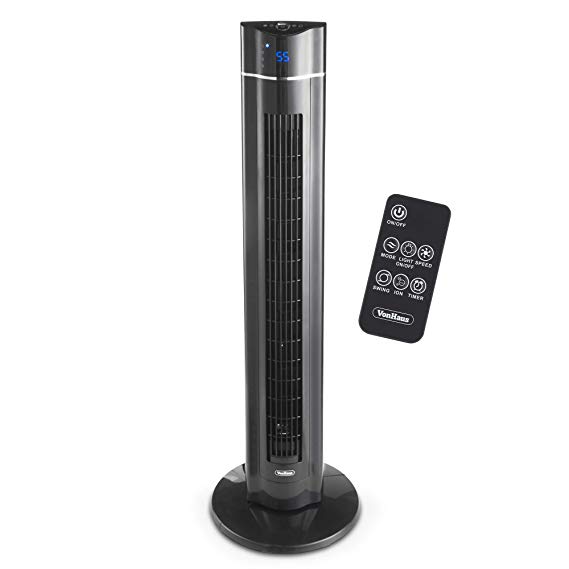 VonHaus 43" Quiet Oscillating Tower Fan with Remote Control, Air Purifier Ionizing Function, LED Display, 3 Speed and Fan Settings, Aroma Tray and 1-8 Hour Timer