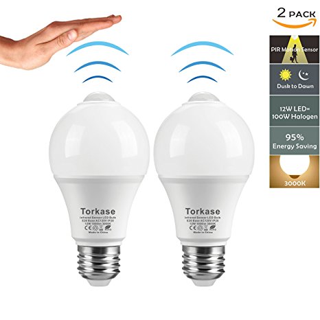 Torkase 12W Motion Sensor Light Bulb, Built-in Infrared Sensor and Light Sensor, Dusk to Dawn, Plug and Play, Auto on/off, 95% Energy Saving, A19/120V for Porch Garage Stair Yard (Warm White-2PACK)