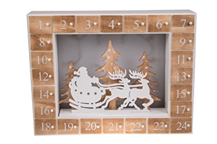 Santa's Christmas Sleigh and Reindeer 24 Day Wooden Advent Calendar | LED Lit Night Before Christmas Diorama | Premium Holiday Decor Wooden Construction | Measures 13.75" x 10.5" | Battery Powered