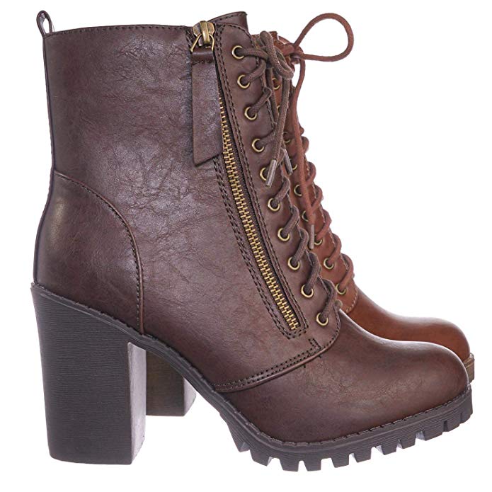 Soda Malia Round Toe Stacked Lug Heel Lace Up Ankle Booties