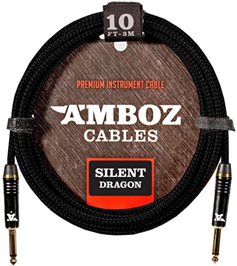 Silent Dragon Instrument Cable - Noiseless for Electric Guitar and Bass - TS 1/4Inch Silent Gold Plated Plugs (10 FT/Straight - Straight)