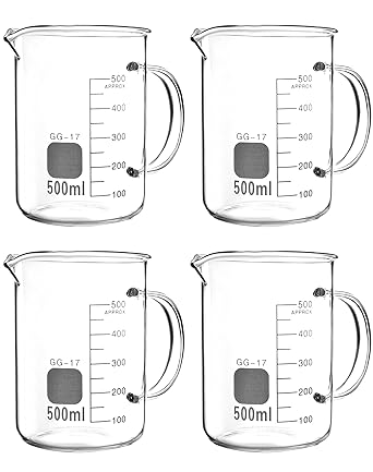 QWORK Beaker with Handle, 500ml Measuring Cup, Borosilicate Glass,Beaker Mug with Pouring Spout, 4 Pack