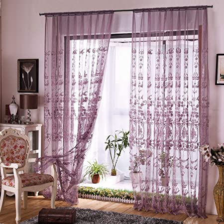Aside Bside Victorian Design Sheer Curtain Luxurious Pattern Embroidered Rod Pocket Top Window Decoration for Living Room Bedroom and Office (1 Panel, W50 x L63 inch, Purple Bottom Silver Embroidery)