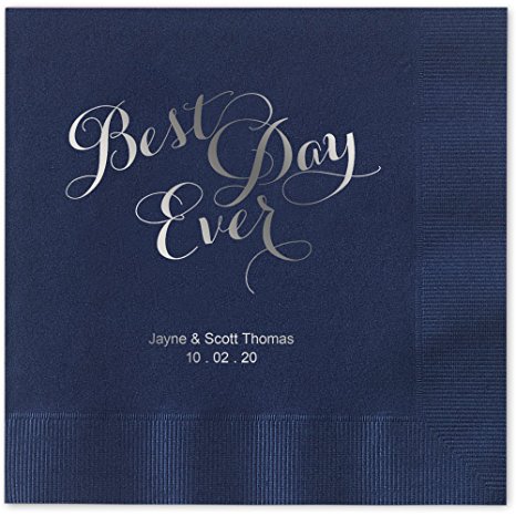 Best Day Ever Personalized Beverage Cocktail Napkins - Canopy Street - 100 Custom Printed Navy Blue Paper Napkins with choice of foil stamp