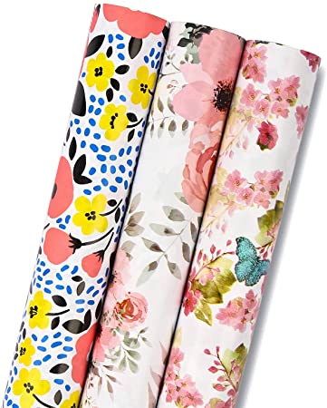MAYPLUSS Wrapping Paper Roll - Mini Roll - 17.3 inch X 120 inch Per roll - 3 Different Floral and Butterfly Design (14.4 sq. ft.TTL.)