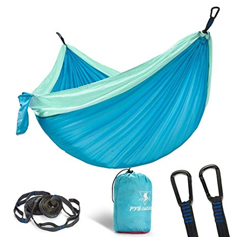 pys Double Portable Camping Hammock with Straps Outdoor -Nylon Parachute Hammock with Tree Straps Set with Max 1200 lbs Breaking Capacity, for Backpacking, Hiking, Travel (Lake Blue Light Green)