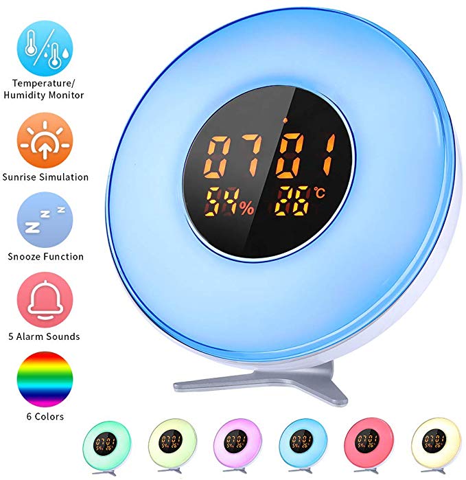 Alarm Clock Wake Up Light, CrazyFire LED Night Light with Temperature/Humidity Monitor 5 Natural Sounds 6 Colors 10 Adjustable Brightness Sunrise/Sunset Simulation Table Bedside Lamp Eyes Protection