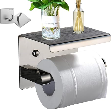 Self Adhesive or Screw Wall Mounted Toilet Paper Roll Holder with Phone Shelf, SUS 304 Stainless Steel Wall Mounted Toilet Paper Roll Holder - Stainless Steel Bathroom Hardware Set (Shiny)