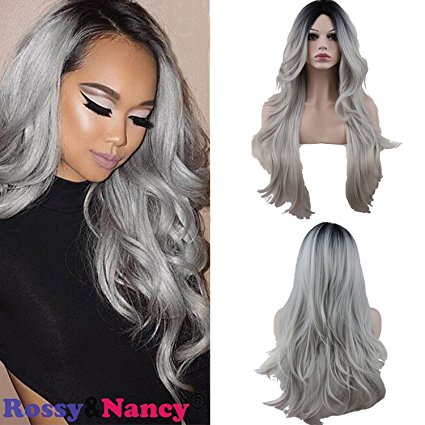 Rossy&Nancy Two Tones Cheap Synthetic Long Wave Heat Resistant Wig Free Part Ombre Black Rooted Silver Gray 130% High Density for Women