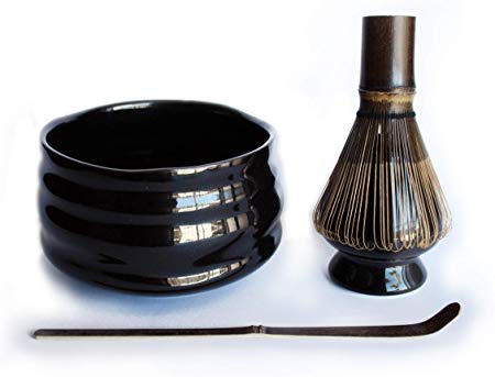 HARU MATCHA - Complete Matcha Tea Ceremony Gift Set - Black Matcha Chawan Bowl, Purple Bamboo Scoop (Chashaku), Purple Bamboo Whisk (100 tate), and Black Whisk Holder